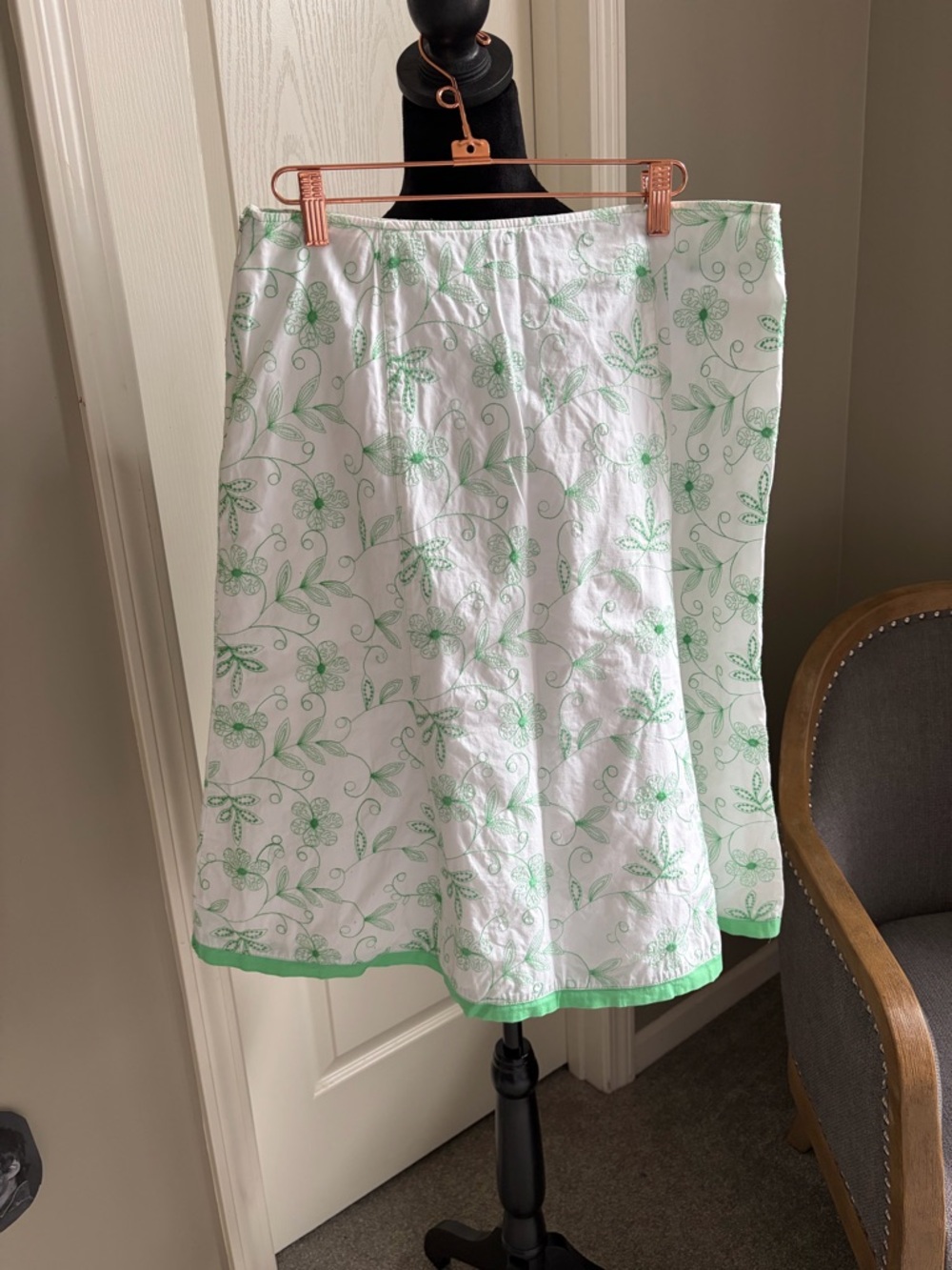 Final Touch White A-Line Skirt with Green Floral Motif